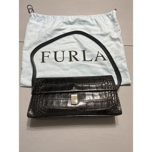 FURLA Vintage Croc Embossed Black Leather Shoulder / Hand Bag Medium